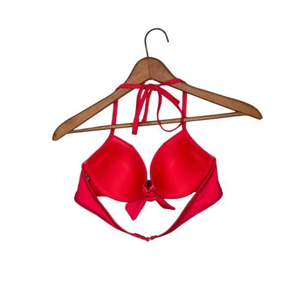 Aerie 34B Pink Double Bow Front Bridget Padded‎ Push Up Halter Bikini Swim Top - Picture 3 of 5